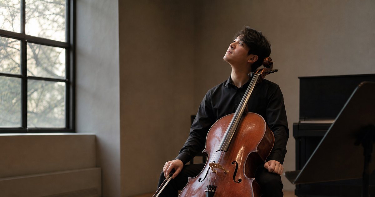 A young cellist sitting alone in a practice room with a cello, staring thoughtfully at the ceiling, bow resting on the knee, a music stand and a window with late afternoon light
