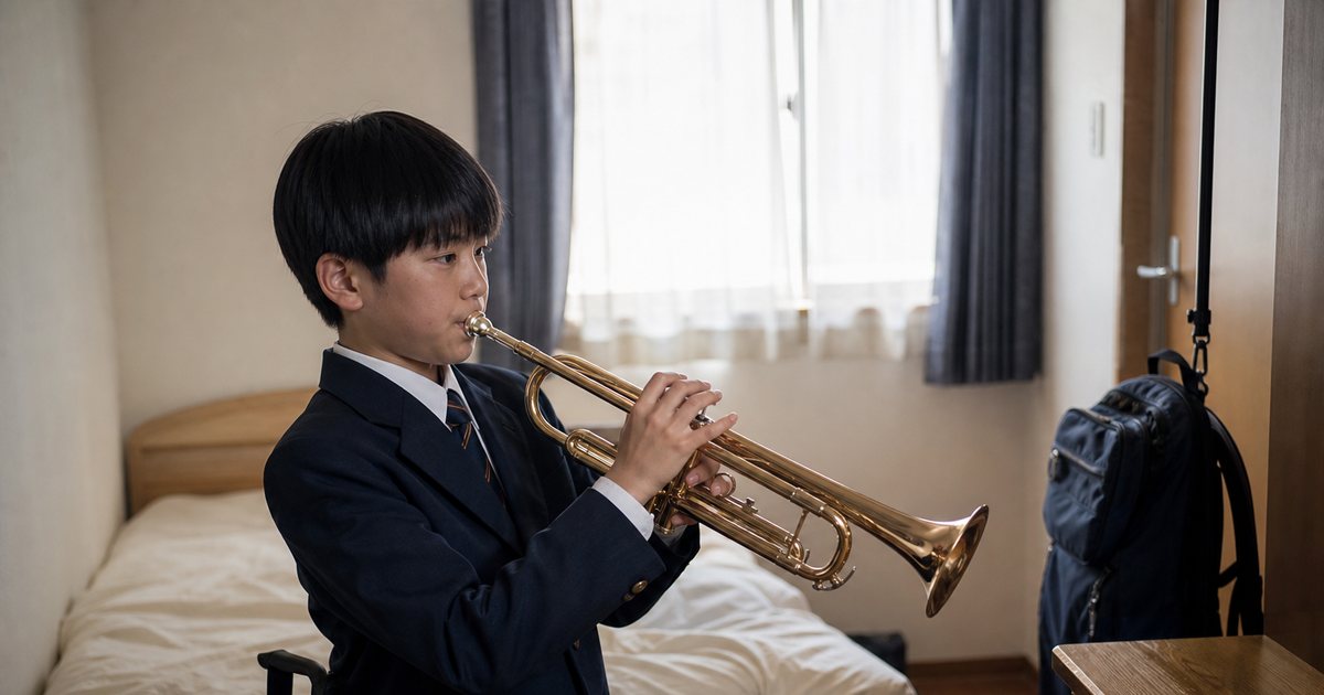 A middle school student in a school uniform practicing trumpet in a small bedroom before school, backpack by the door, morning light through the window, a kitchen timer on the desk