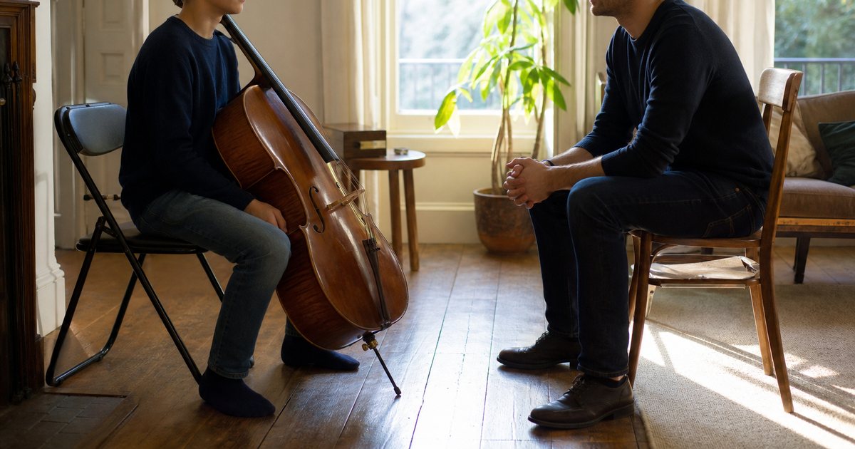 A teenage cello student sitting on a folding chair in a sunlit living room with the instrument resting against one knee, an adult teacher seated opposite listening with hands folded, warm late afternoon light through a tall window, worn wooden floor, no visible writing