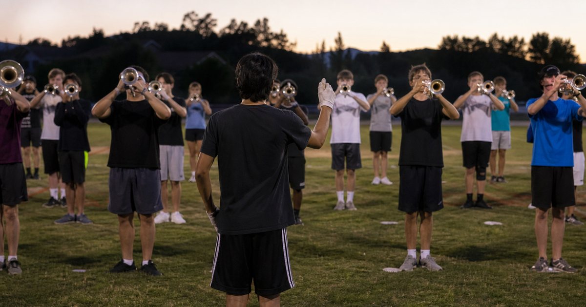 A high school marching band trumpet section rehearsing on a football practice field at dusk, a student section leader standing in front counting off, drill dots painted on the grass