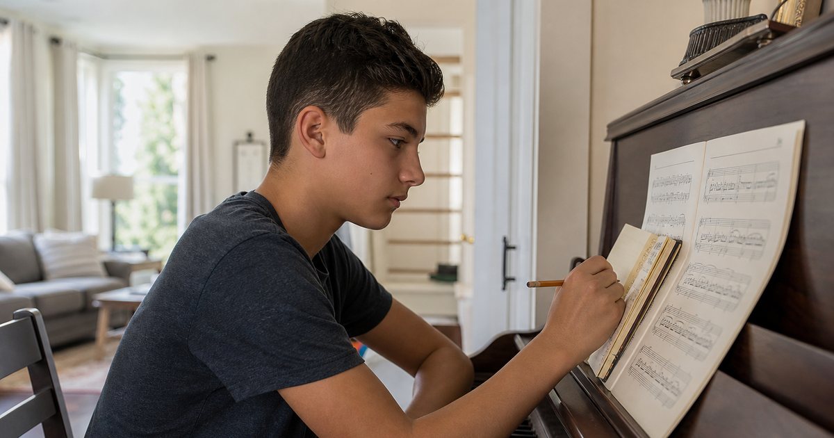 A teenage piano student seated at an upright piano in a sunlit living room, hands resting on the keys, a closed notebook and pencil on the music stand