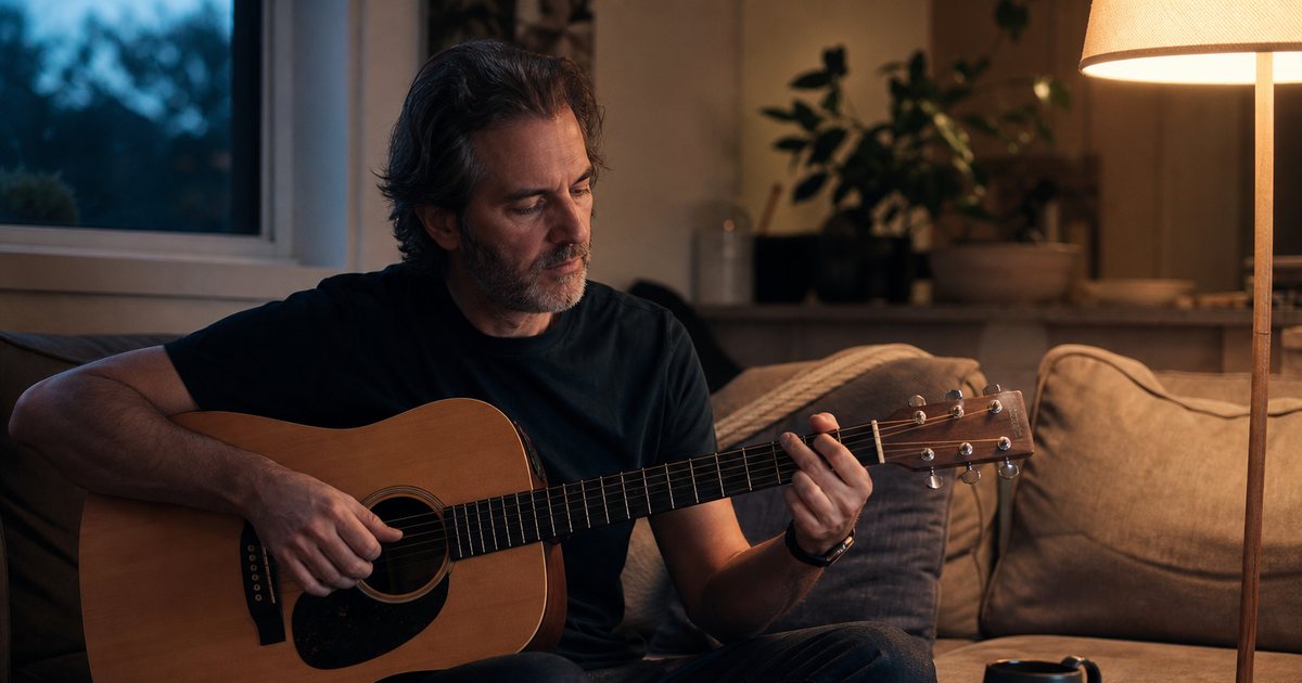 A man in his forties sitting on a couch in a home living room playing an acoustic guitar, a small notebook and a coffee mug on the side table, evening lamp light
