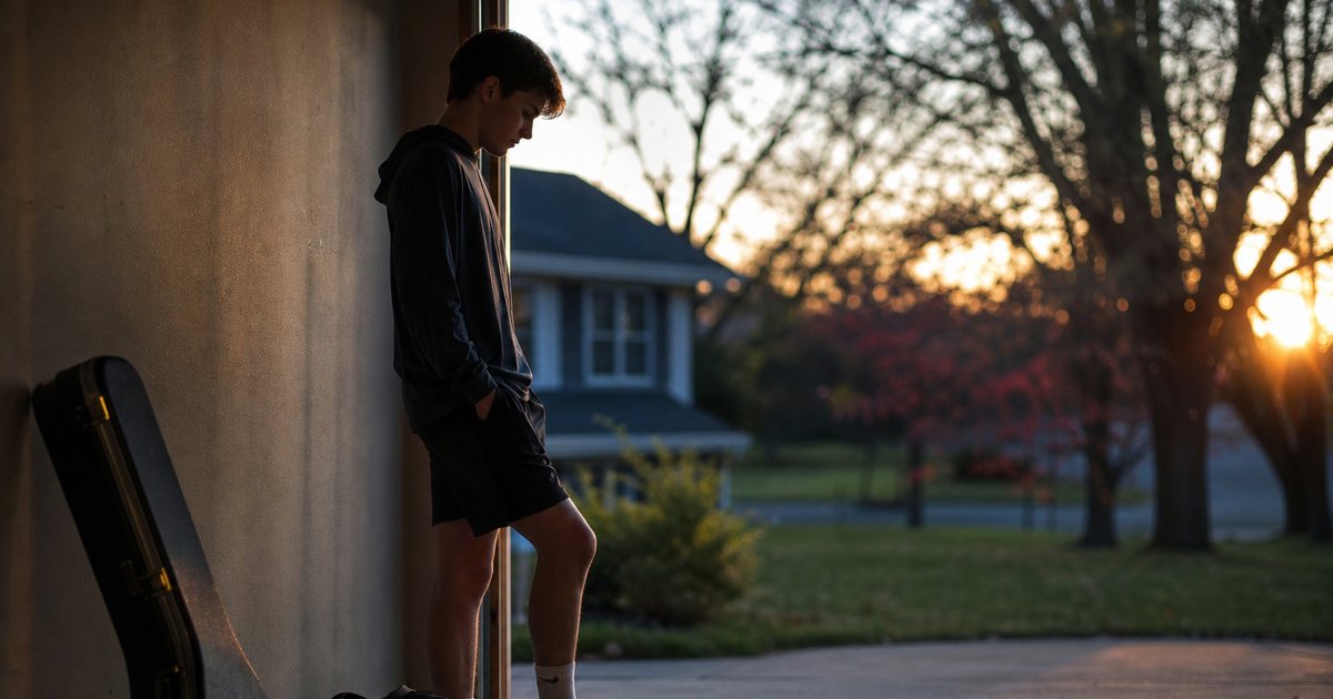 A high school student standing in an open garage doorway at dusk with a soccer ball at their feet and a hard trumpet case leaning against the wall beside a gym bag on the concrete floor, warm low golden light across the driveway, no writing anywhere
